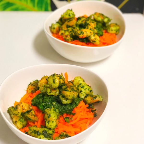 Carrot Noodles with Vegan Pesto and Shrimp in a bowl