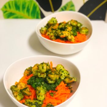 Carrot Noodles with Vegan Pesto and Shrimp in a bowl