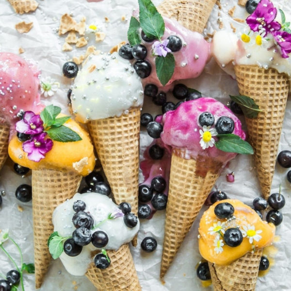 Ice cream with fruits and flowers