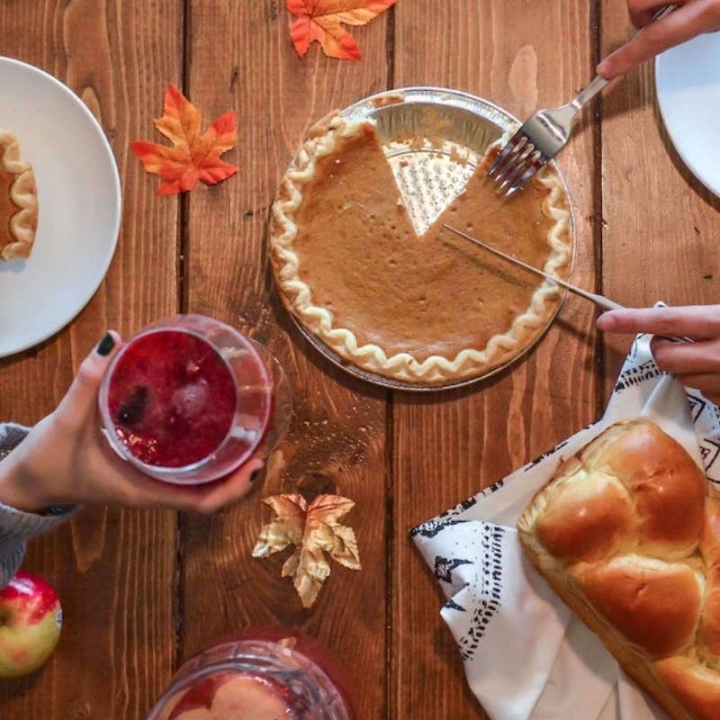 Thanksgiving pie and food on a table