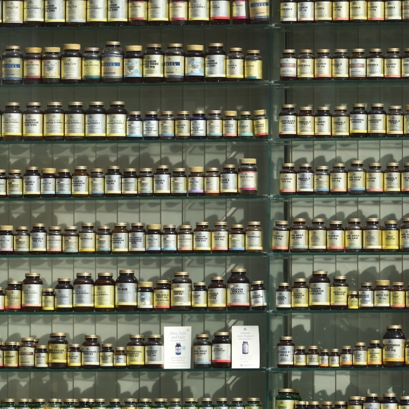Rows of pills on the shelf